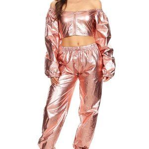 Rose Gold Vinyl Long Sleeve Zippered Crop Top Pants Two Piece Set